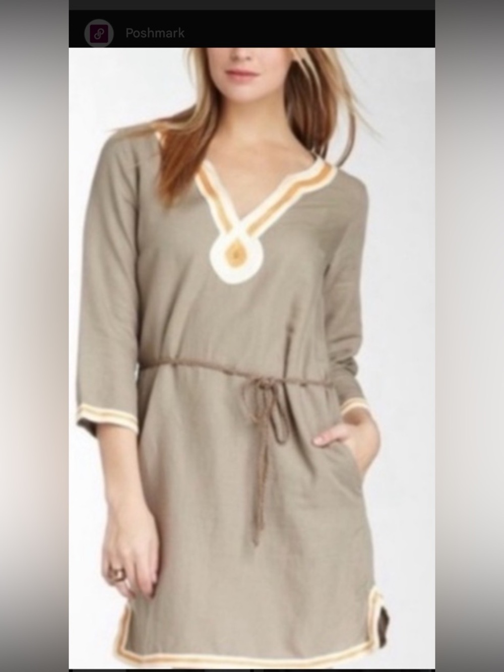 Lucky Brand Taupe Mini Dress with Cream & Yellow Trim